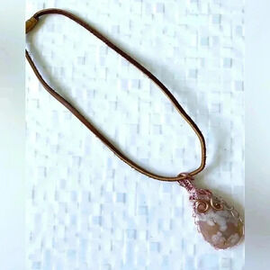 Wire Wrapped Tear Drop Flower or lace Agate Cabochon, pink and copper colors